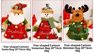 Detail of Christmas gift bags featuring Santa and snowman with Merry Christmas embroidery