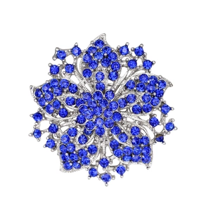 Exquisite silver floral brooch with dark blue rhinestones for elegant evening dresses