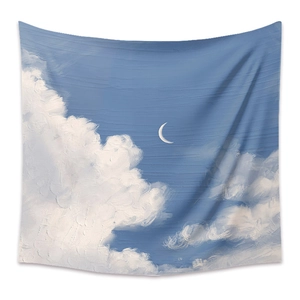 Bohemian wall tapestry with hand-painted blue sky white clouds and crescent moon design