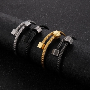 Men Stainless Steel Wire Rope Cable Bracelet Retro Industrial Open Cuff Bangle Hexagon Geometric Design Jewelry