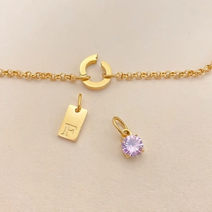 Detailed view of gold letter F tag and purple zircon pendant on titanium steel chain