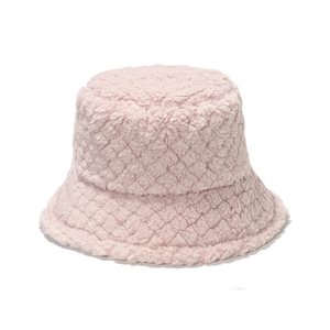 Pink plush lamb wool bucket hat for women with diamond quilted pattern and warm design