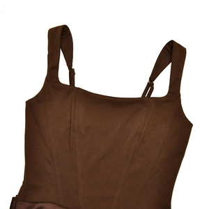 Detail of dark brown ruched bodycon dress with adjustable straps and vertical seams