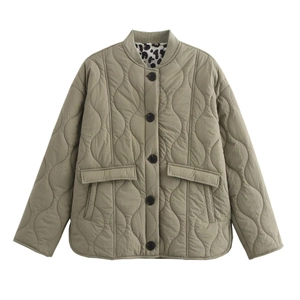 Olive green quilted jacket for women with leopard print lining and button-front closure