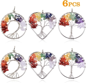 Set di 6 ciondoli Albero della Vita in forme a cuore e tonde con pietre naturali colorate