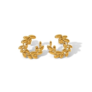 Close-up of elegant gold wheat leaf stud earrings made of high-quality stainless steel