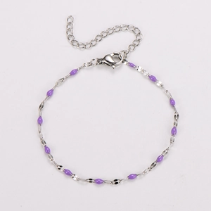 Detail of bohemian purple enamel beads on stainless steel chain with lobster clasp