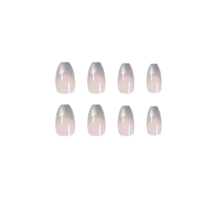 Minimalist short ballet press-on nails with silver mirror French tips and nude pink base