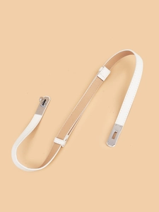Close-up of white leather skinny belt with silver twist lock buckle and smooth texture