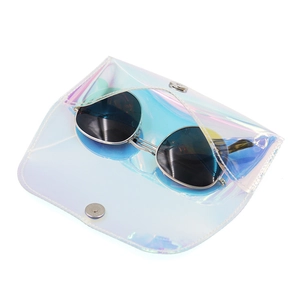 Close-up of holographic PVC sunglasses case with magnetic buckle and round metal glasses