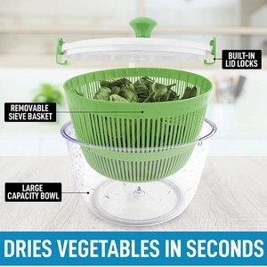 Green plastic salad spinner and vegetable dryer showing lid, basket and bowl structure