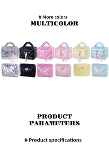 Quilted glossy makeup bags in multiple colors like silver, pink, and blue with zipper detail