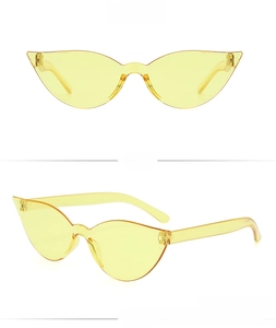 Detail view of transparent yellow cat-eye sunglasses from front and side angles