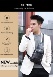 Close-up of waterproof PU leather chest bag featuring premium stitching and metal logo