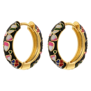 Macro shot of colorful floral enamel patterns on gold hoop earrings in a pair