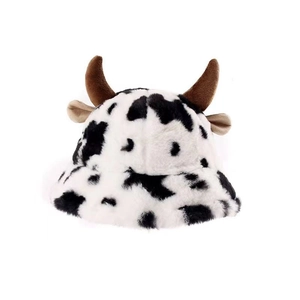 Cute cow print plush bucket hat with brown horns and ears for winter warmth