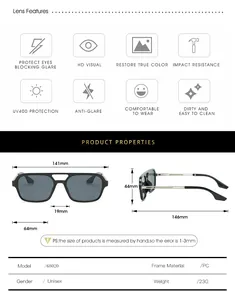 Detailed size chart for square frame aviator sunglasses with precise frame measurements