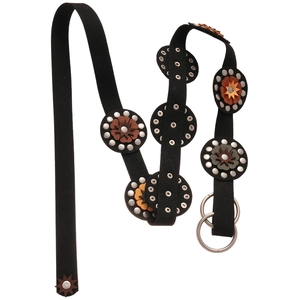 Bohemian leather belt with vintage floral studs and silver double O-ring buckle