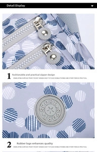 Detail of dual metal zippers and circular rubber sport logo on polka dot nylon bag