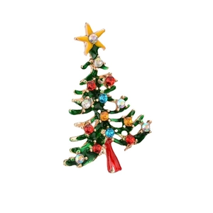 Christmas tree brooch with green enamel and colorful rhinestones on a golden alloy base