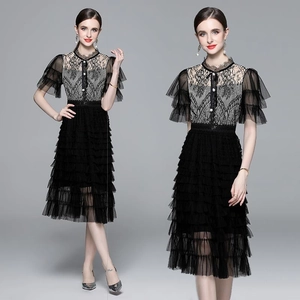 Robe Mi-Longue Élégante En Dentelle Et Mesh Patchwork Pour Femmes Col Montant Nœud Papillon Jupe À Étages Taille Haute