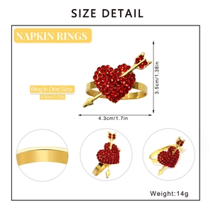 Size detail of golden napkin ring with red rhinestone heart and arrow dimensions