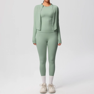 Sage green three-piece yoga set featuring slim-fit zipper jacket and high-waist leggings
