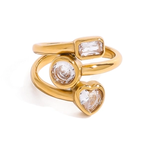Three-layer 18k gold plated stainless steel ring with heart, round and square zircon stones