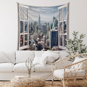 Macro detail of Bohemian tapestry featuring 3D window view of New York City skyline