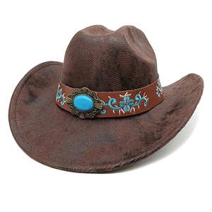 Classic dark brown western cowboy hat with turquoise stone and blue floral embroidery