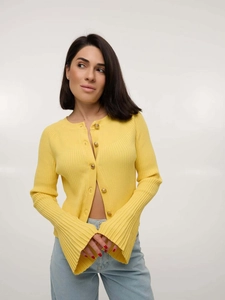 Bright yellow ribbed knit cardigan with bell sleeves and gold buttons for a retro style