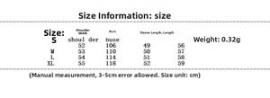 Size chart showing shoulder, bust, sleeve, and length measurements for the striped sweater