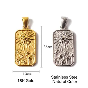 Detail view of sunflower engraved rectangular pendants in gold and silver steel finish