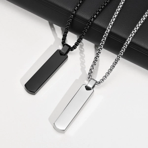 Polished stainless steel rectangular pendant necklaces in silver and black for men