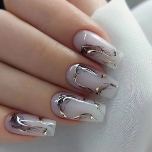 Stile Lavaggio Inchiostro Cinese Unghie A Pressione Forma Bara Lunga Effetto Fumo Marmo Nero Elegante Manicure Acrilica Artificiale Donne