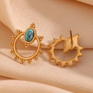 Vintage Bohemian Stainless Steel Stud Earrings Gold Plated Oval Turquoise Stone Sun Flower Geometric Jewelry For Women