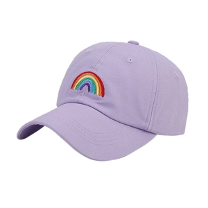 Lavender purple cotton baseball cap with rainbow embroidery and curved brim in 45-degree view