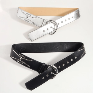 American retro wide leather belts with silver rivets and D-buckles in black and silver