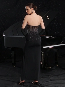 Elegant backless strapless black evening dress with silver rhinestones and long gloves