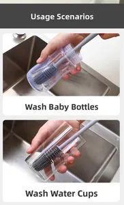 Detailed view of the silicone bottle brush cleaning a glass cup and a baby bottle