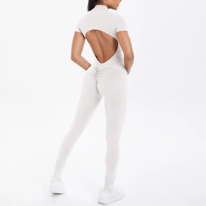 Detail of white yoga bodysuit with back heart cutout and scrunch-butt design