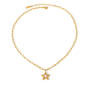 Detail of 18K gold plated stainless steel star pendant necklace with white inlay