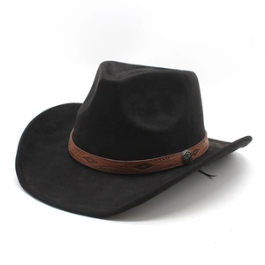 Chapeau de cowboy western classique en daim noir avec bande en cuir à motifs