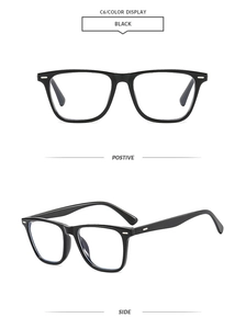 Front and 45-degree angle view of sleek black square frame sunglasses with rice nail accents