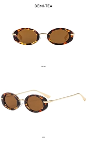 Front and side views of vintage oval tortoise shell sunglasses with metal temples
