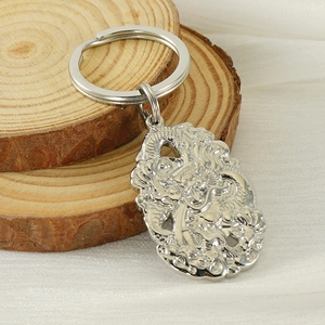 Silver dragon embossed keychain in titanium steel, Chinese culture lucky key accessory