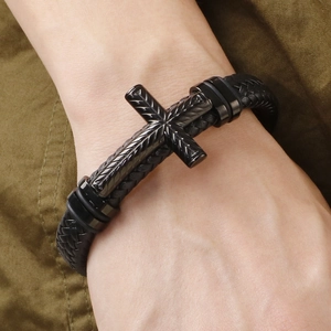 Minimalist black braided leather cross bracelet for men made of durable stainless steel