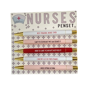 5-piece nurse theme ballpoint pen set with motivational phrases on white card packaging