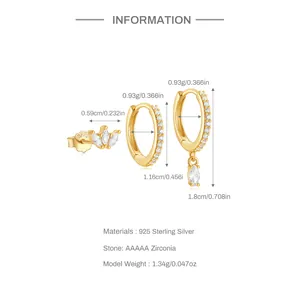 Detailed size measurement chart for S925 sterling silver opal and star earring set
