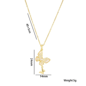 Golden titanium steel necklace with double butterfly crystal pendant and size markers